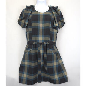 Nine West Shift Dress Plaid Gray Teal Belted Pedal Sleeves Women 14 Academia